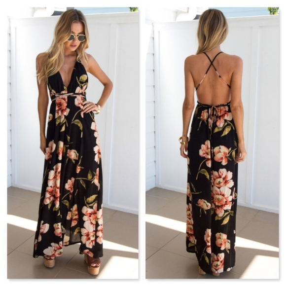 Boho Floral Backless Crisscross High Slit Dress - Picture 2 of 7